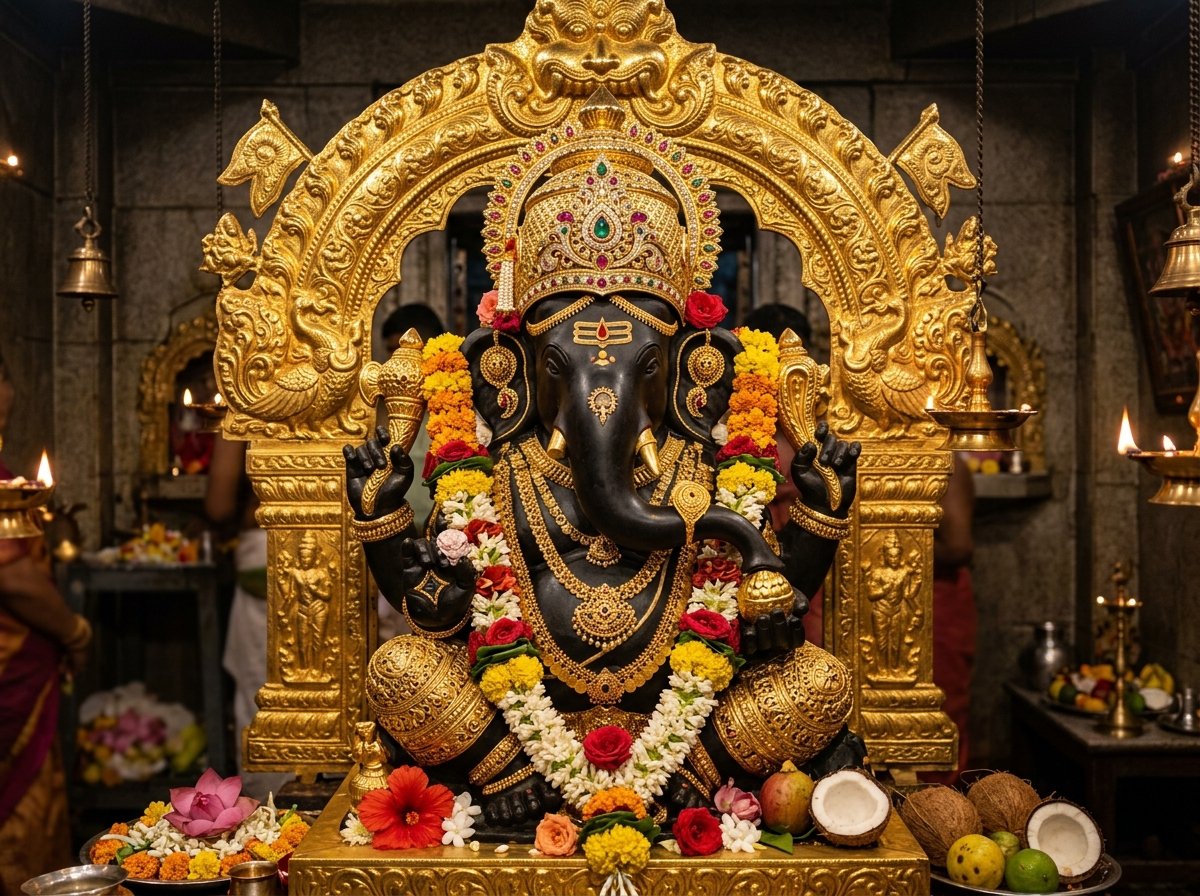 Shree Siddhivinayak Ganapati Temple Deity in Gold Prabhavali with Ornaments